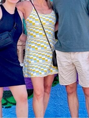 Outdoor Voices Yellow, White & Light Blue Checker Exercise Dress Size L Like New